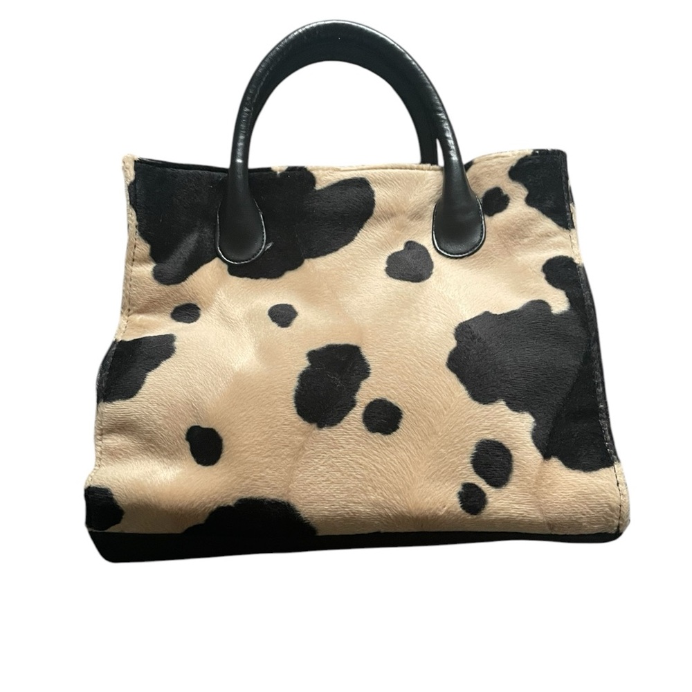 EUC Faux Fur Cow Animal Print Black and Tan Shoulder Tote Bag - Picture 2 of 8